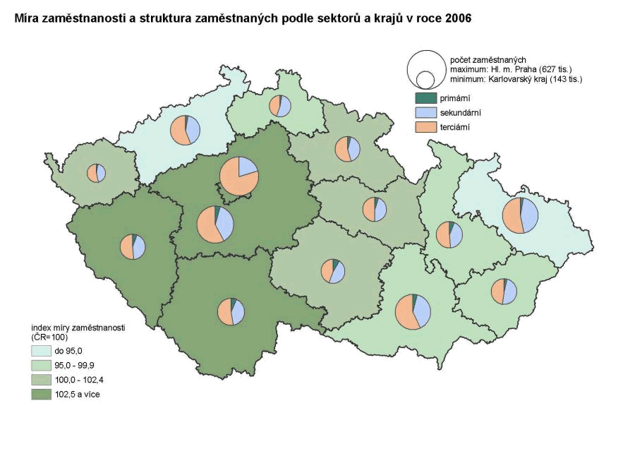 Kartogram 13 Míra zaměstnanosti a struktura zaměstnaných podle sektorů a krajů v roce 2006
